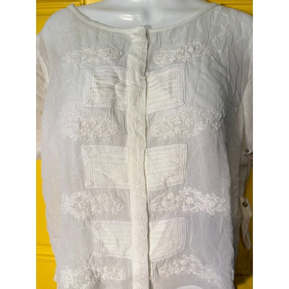 One Fine Day Blouse White‎ Sheer Embroidered Button Front Coastal Layer SZ Small